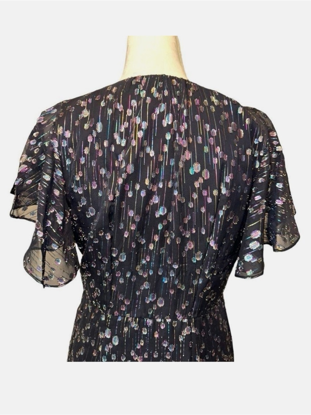 Mestiza Anthropologie Valora Ruffle Midi Dress Black Metallic Rainbow Size 12 - Picture 7 of 12